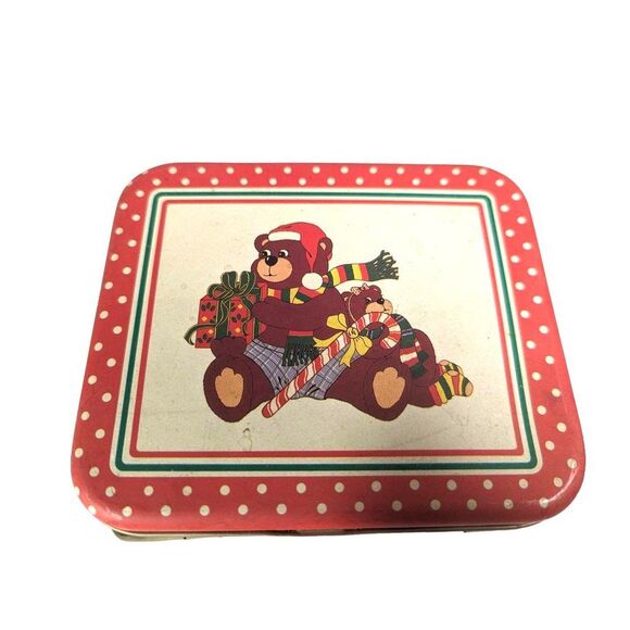 Vintage 1985 Holiday Bear and Toys Tin Gift Box Red Handles Cookie Candy Storage - Picture 4 of 5